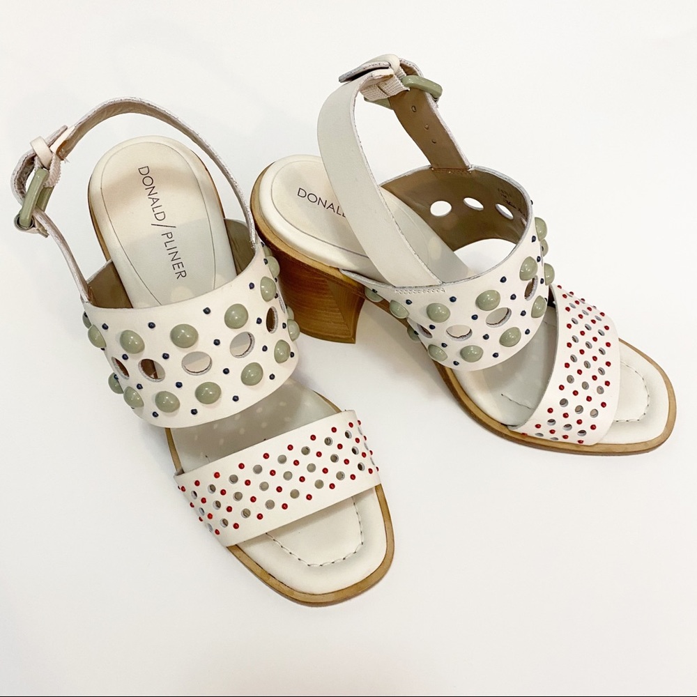 Donald Pliner Block Heel White Sandals w/ Stones